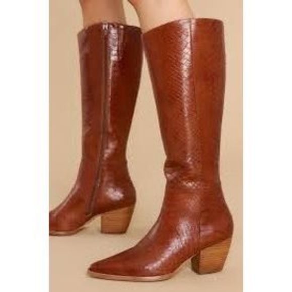 Matisse Block Heel Brown Knee-High Boots Bruna Tobacco Croc Western Boots - Picture 4 of 9